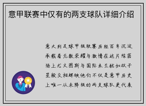意甲联赛中仅有的两支球队详细介绍